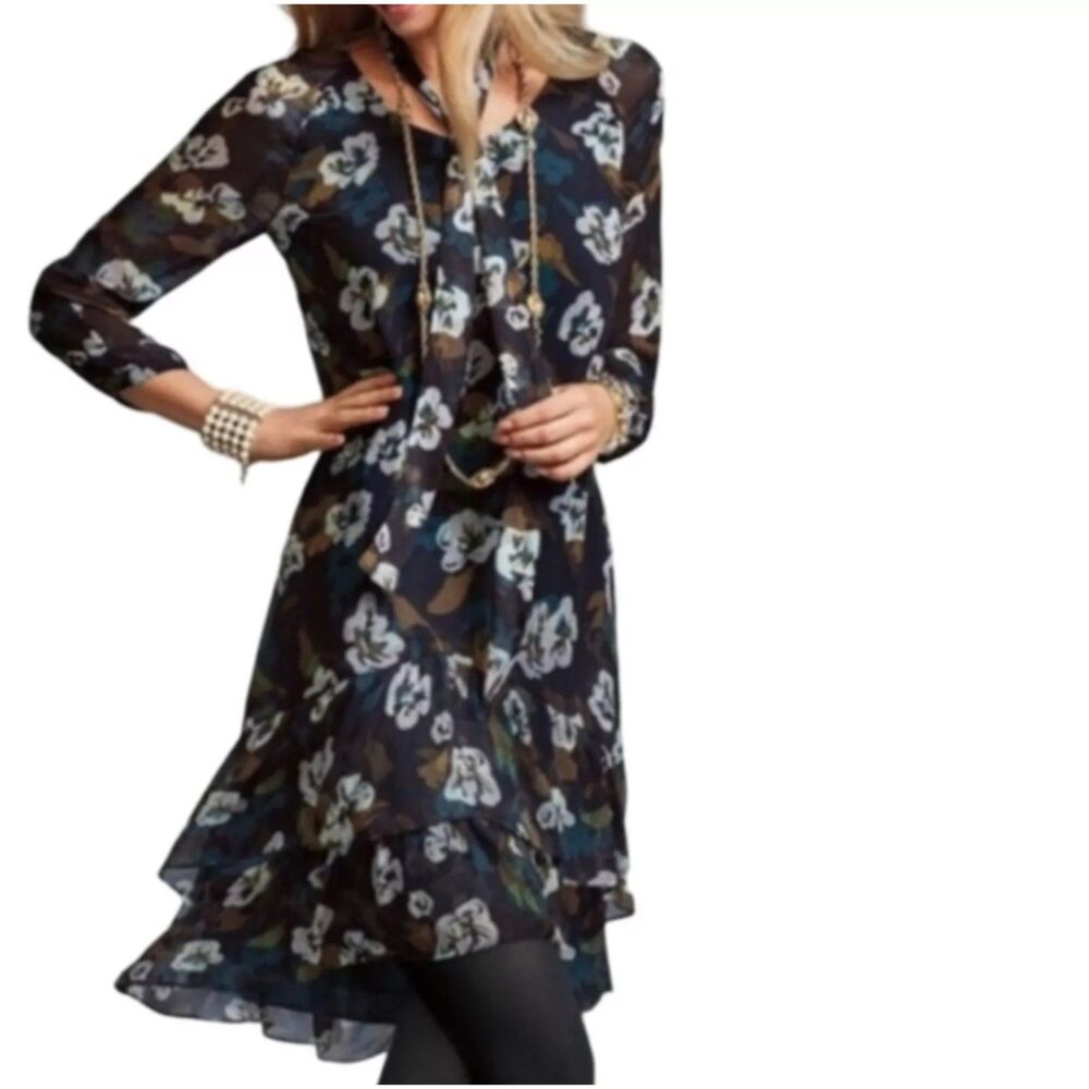 Cabi Floral Drop Waist Dress Womens Sz M Ruffle Tiered Sheer Sleeves Casual